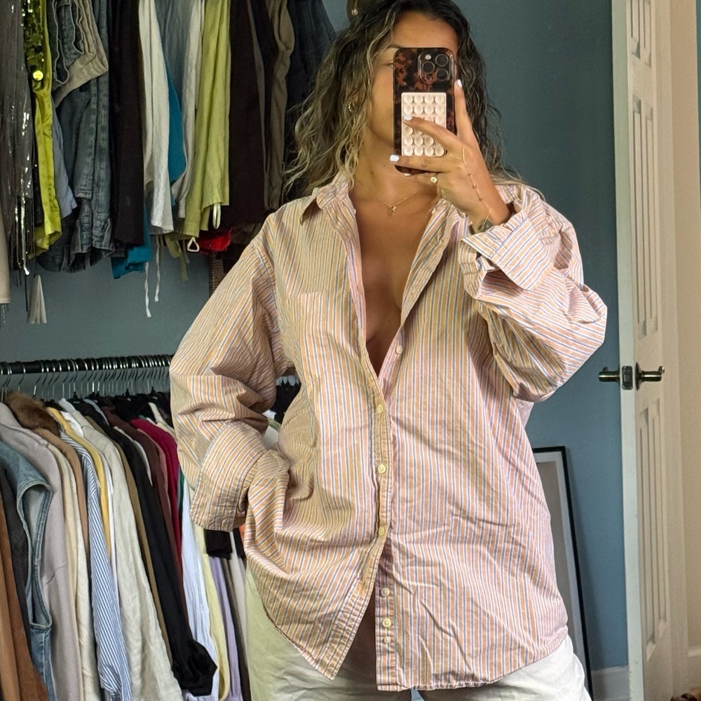 Cherokee Men's Casual Button-Down Shirt in Pink and Cream Stripe